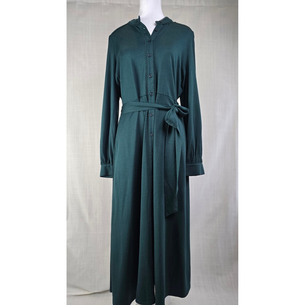 Boden Forest Green Tencel Cotton Maxi Dress‎ Scallop Trim Button Front D1133